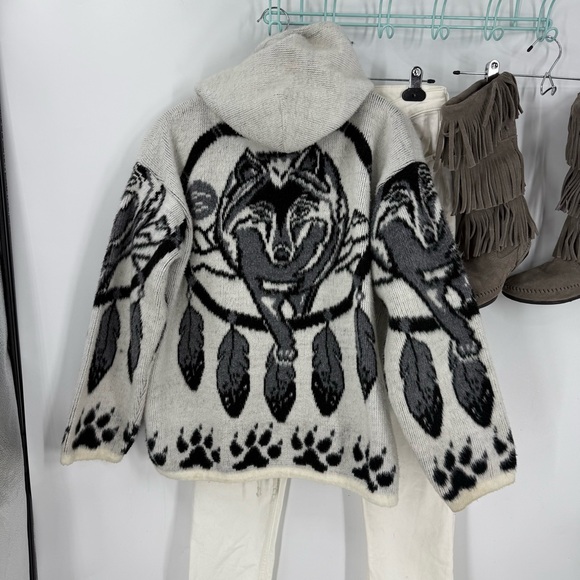 ARTESANIAS Tuntaquimba Native American Wolf print Wool Full Zip sweater jacket M - Picture 8 of 12